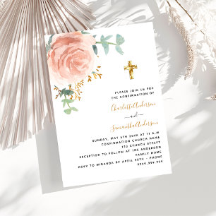 Invitation Confirmation jumeaux filles rose or croix florale