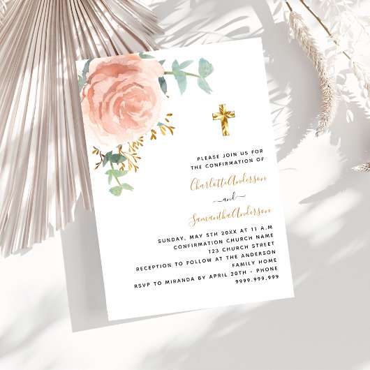 Invitation Confirmation jumeaux filles rose or croix florale