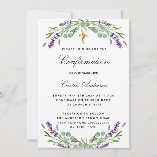 Invitation Confirmation lavande eucalyptus violet fleurs (Devant)