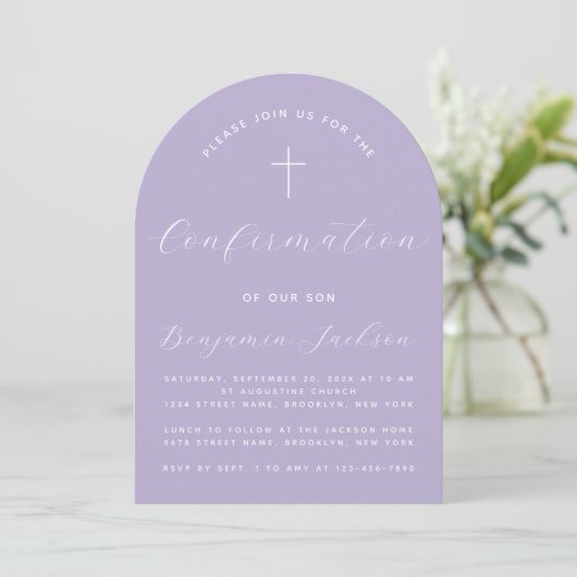 Invitation Confirmation Lavender Arch Script moderne Religieu (Debout devant)