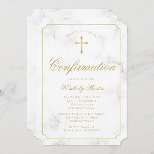 Invitation Confirmation Marble Elegant Gold Cross Script Girl (Devant / Derrière)
