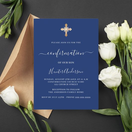 Invitation Confirmation marine bleu blanc garçon croix or