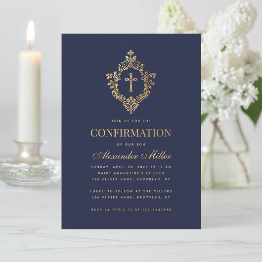 Invitation Confirmation Marine Bleu Élégant Faux Gold Crest B