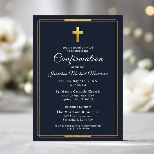 Invitation Confirmation Marine Blue Gold Minimalist Boy