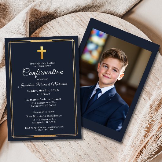 Invitation Confirmation Marine Blue Gold Photo Boy