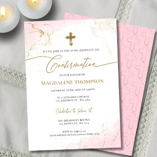 Invitation Confirmation moderne Christian Pink Gold Cross Gir