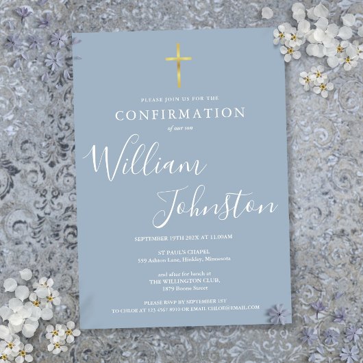 Invitation Confirmation moderne Elegant Gold Cross Dusty Blue