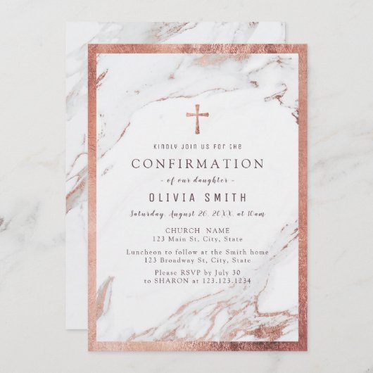 Invitation Confirmation moderne en marbre d'or rose faux doré (Devant / Derrière)