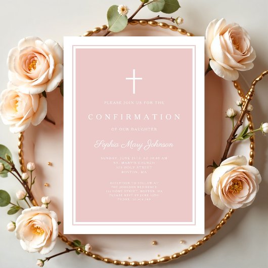 Invitation Confirmation moderne fille croix rose poudrée