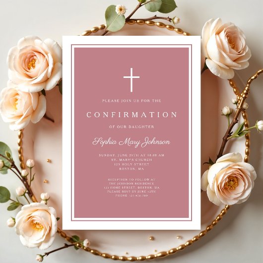 Invitation Confirmation Moderne Fille Croix Rose Poussiéreuse