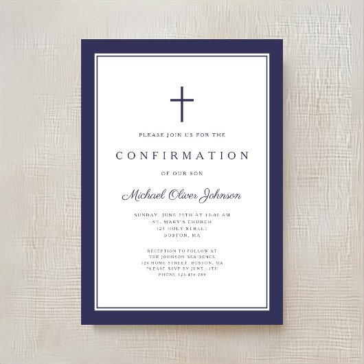 Invitation Confirmation moderne garçon croix bleu marine