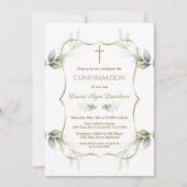 Invitation Confirmation moderne garçon croix dorée végétation (Devant)