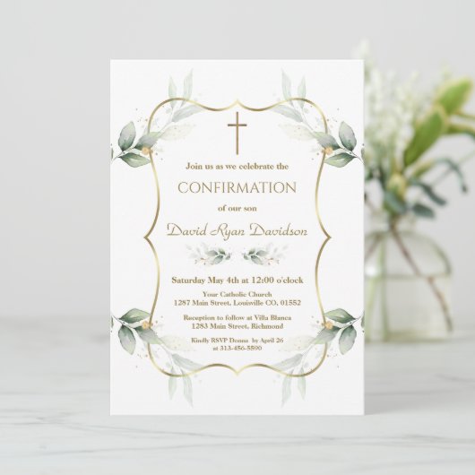 Invitation Confirmation moderne garçon croix dorée végétation (Debout devant)