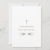 Invitation Confirmation moderne garçon croix dorée végétation (Dos)