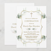 Invitation Confirmation moderne garçon croix dorée végétation (Devant / Derrière)