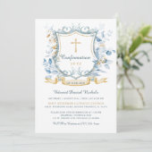 Invitation Confirmation modifiable bleu et or Monogramme (Debout devant)