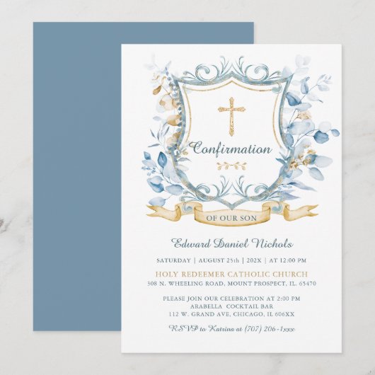 Invitation Confirmation modifiable bleu et or Monogramme (Devant / Derrière)