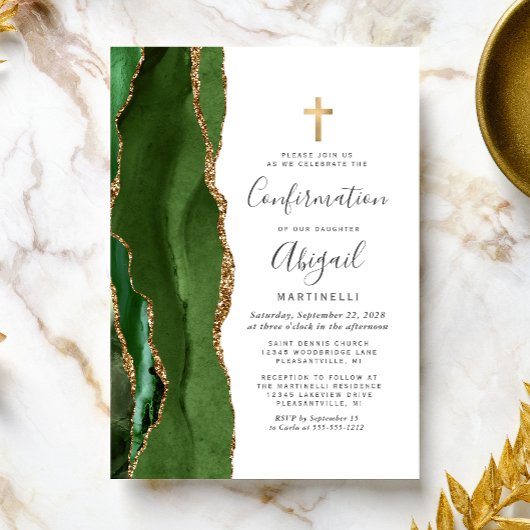 Invitation Confirmation Pailleté Agate Verte et Or