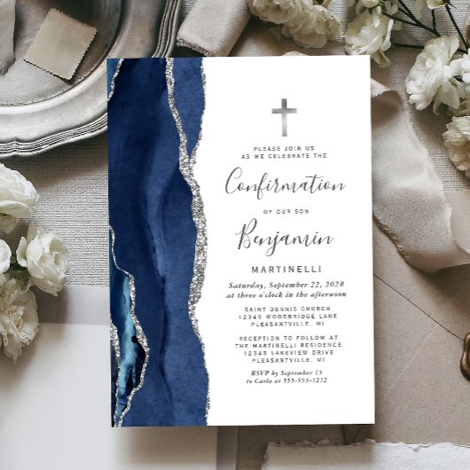 Invitation Confirmation Pailleté Argent Agate Bleue