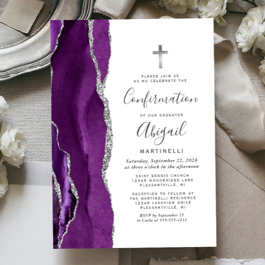 Invitation Confirmation Pailleté Argent Agate Violette