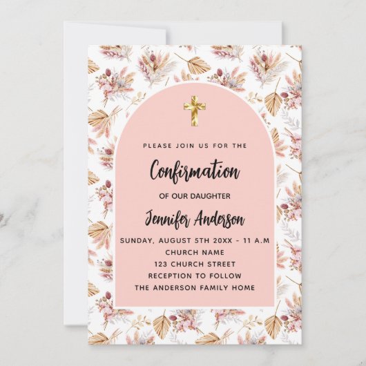 Invitation Confirmation pampas fleurs rose or boho (Devant)