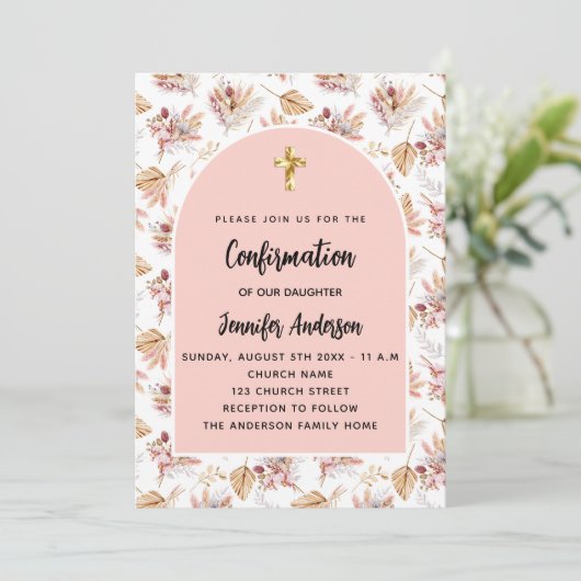 Invitation Confirmation pampas fleurs rose or boho (Debout devant)