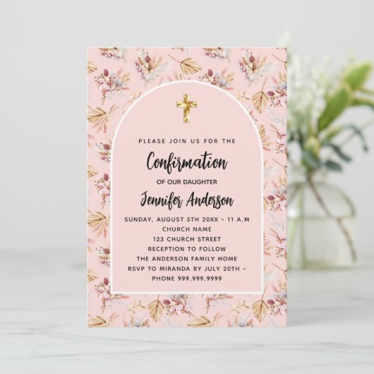 Invitation Confirmation pampas herbe fleurs rose or boho (Debout devant)