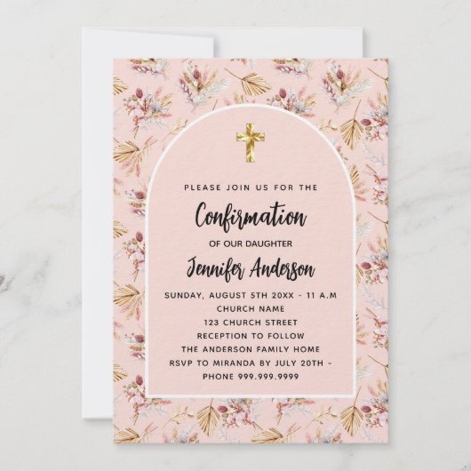 Invitation Confirmation pampas herbe fleurs rose or luxe (Devant)