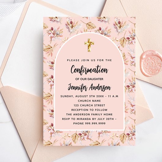 Invitation Confirmation pampas herbe fleurs rose or luxe