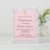 Invitation Confirmation parties scintillant rose argent scrip (Debout devant)