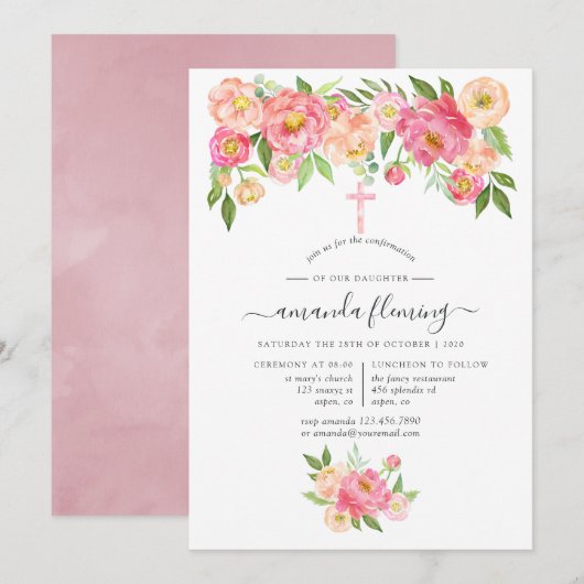 Invitation Confirmation Pastel à l'Aquarelle de Pivoines (Devant / Derrière)