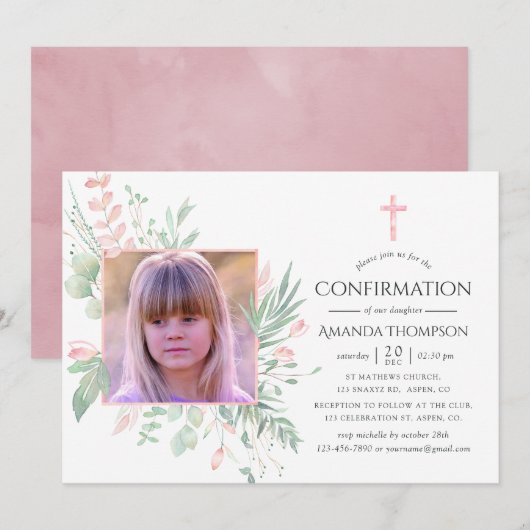 Invitation Confirmation Pastel Rose Végétal (Devant / Derrière)