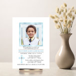 Invitation CONFIRMATION Personnalisée Cross Blue Boy | PHOTO<br><div class="desc">Elégante délicate invitation personnalisée de CONFIRMATION blanche et bleue pour garçons. Faux cadre en feuille d'or en bleu clair avec PHOTO / image et belle croix avec faux diamant. Le dos de la carte a le monogramme du garçon. Modèles do-it-yourself faciles - ajoutez simplement votre texte et votre photo</div>