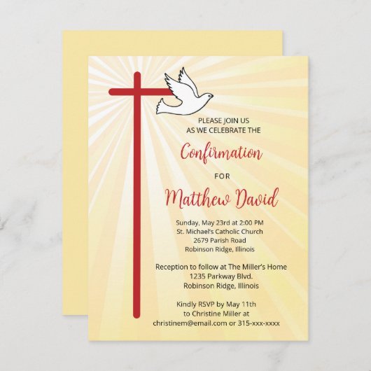 Invitation Confirmation pour Boy Cross Dove Gold Rays (Devant / Derrière)