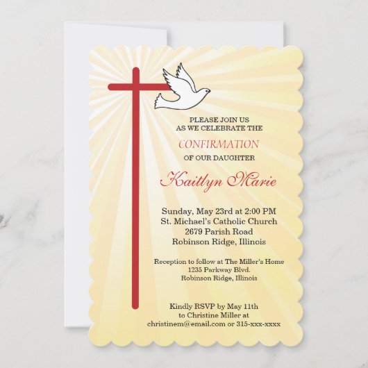 Invitation Confirmation pour Fille Croix Colombe Rayons Décou (Devant)