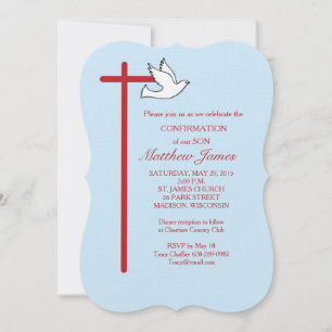 Invitation Confirmation pour fils avec croix et colombe bleue