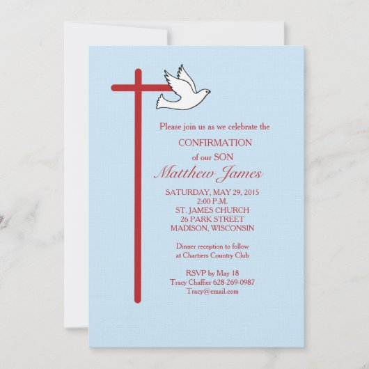 Invitation Confirmation pour fils avec croix et colombe bleue (Devant)