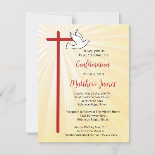 Invitation Confirmation pour Fils Croix Colombe Rayons Dorés (Devant)