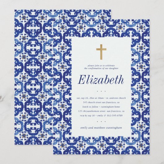 Invitation Confirmation Pour Ses Carreaux Bleus Méditerranéen (Devant / Derrière)