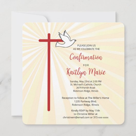 Invitation Confirmation pour une fille Croix Colombe Rayons D (Devant)