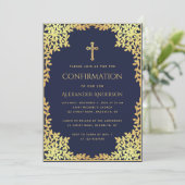 Invitation Confirmation Religieuse Bleu Marine Feuilles Dorée (Debout devant)