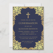 Invitation Confirmation religieuse Marine Blue Gold Feuilles  (Devant)