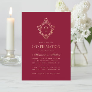 Invitation Confirmation Rose Bourgogne Gold Crest Cross Girl