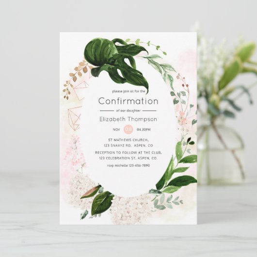 Invitation Confirmation rose Gold & Blush Geometry Greenery (Debout devant)