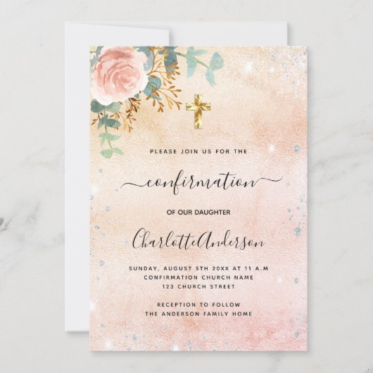 Invitation Confirmation rose or fleuri eucalyptus (Devant)