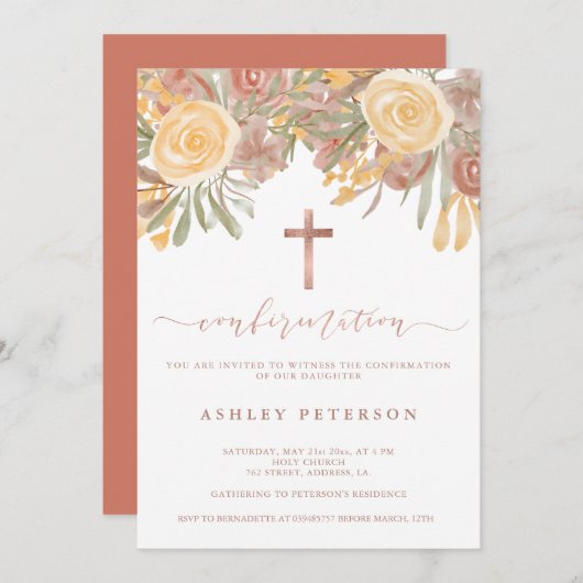 Invitation Confirmation rose or fleuri terre cuite verte (Devant / Derrière)