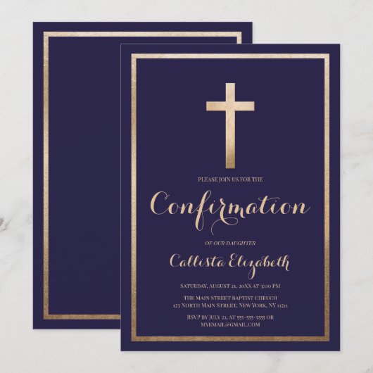 Invitation Confirmation simple de la frontière or de la marin (Devant / Derrière)