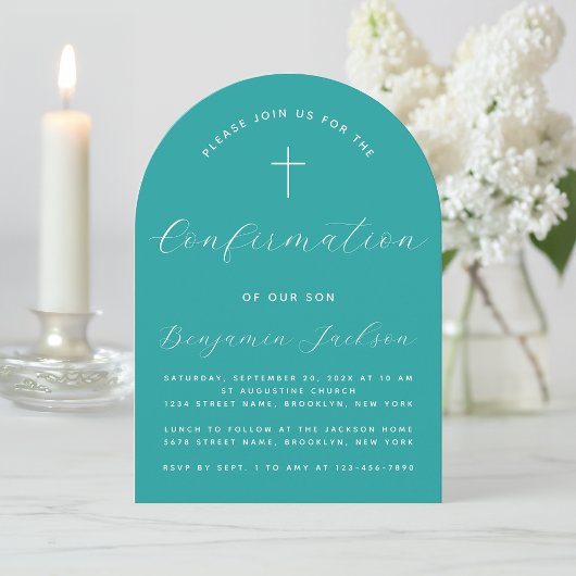 Invitation Confirmation Teal Arch Simple Modern Script Croix