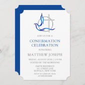 Invitation Confirmation trendy Blue and Grey Cross Dove (Devant / Derrière)