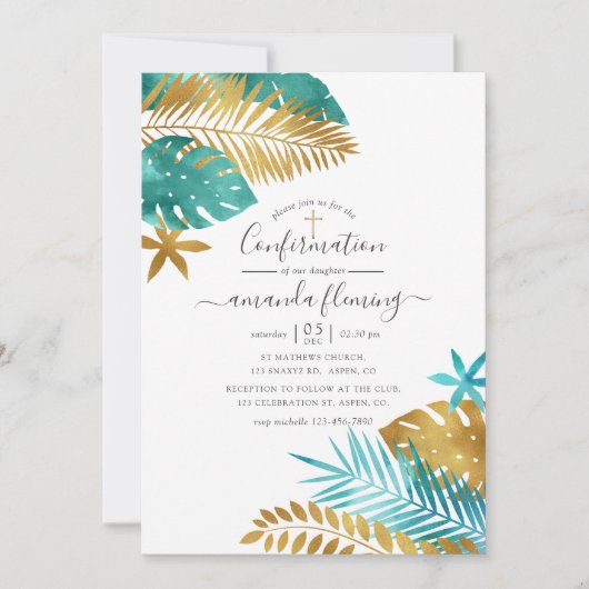 Invitation Confirmation tropicale turquoise et or (Devant)